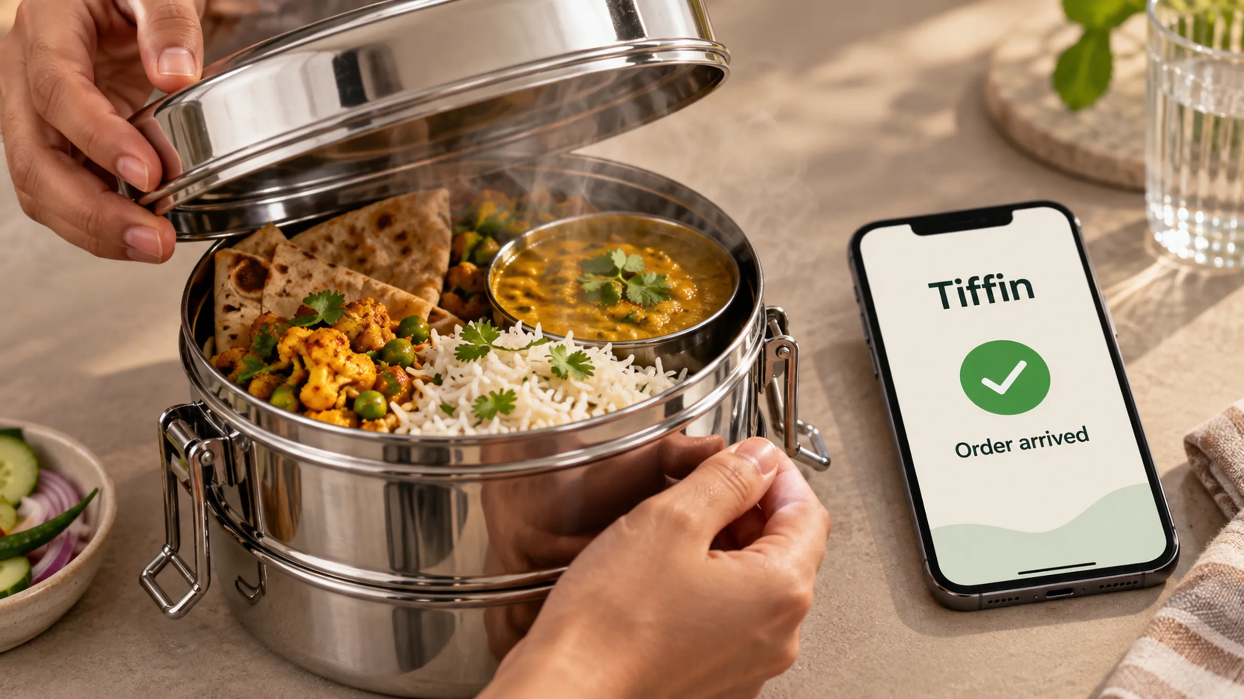Tiffin branded detail artwork: A steel tiffin of home-cooked food and a meal delivery app