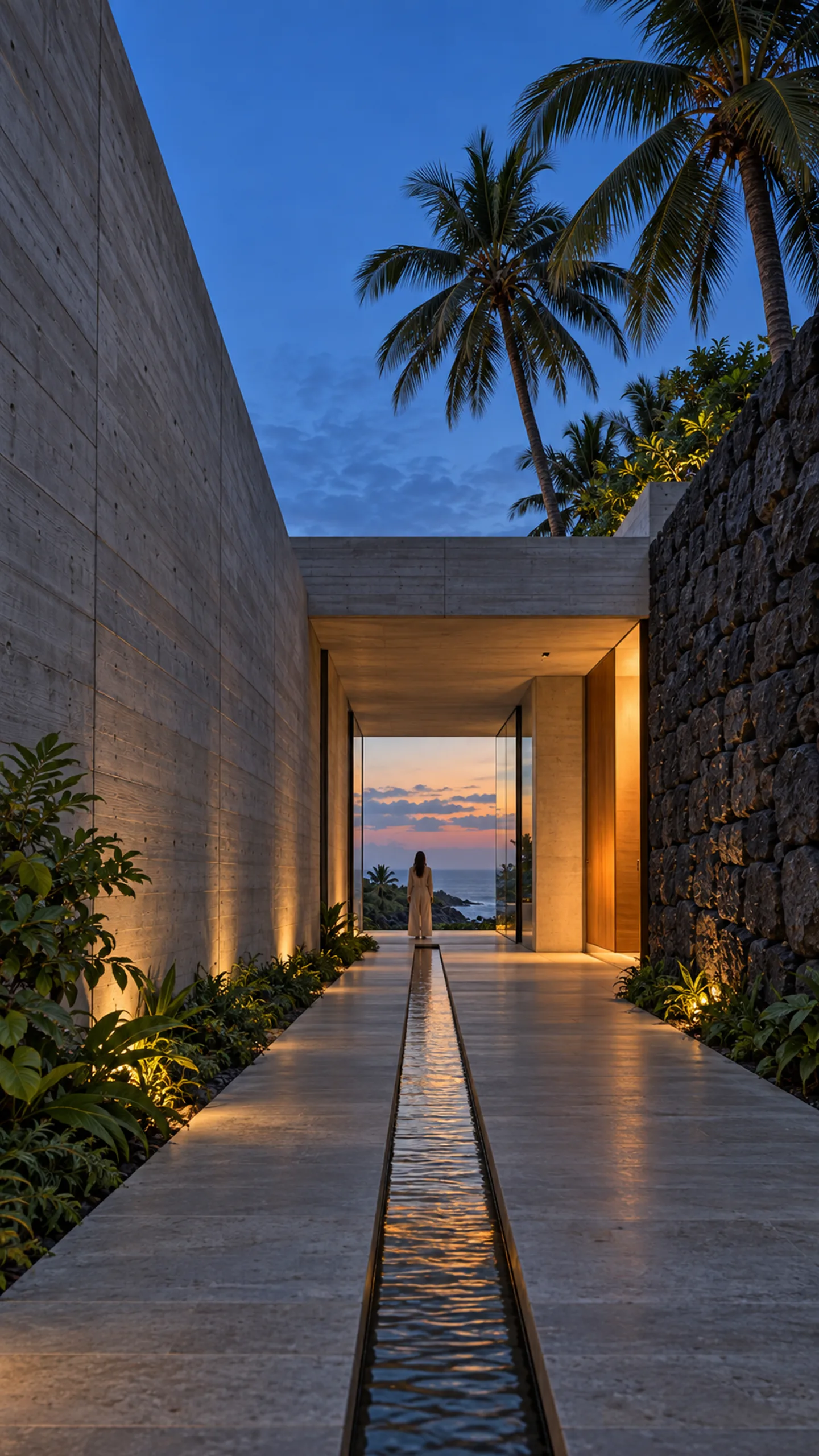 Vantage branded campaign artwork: A concrete and basalt house on the Konkan coast at blue hour