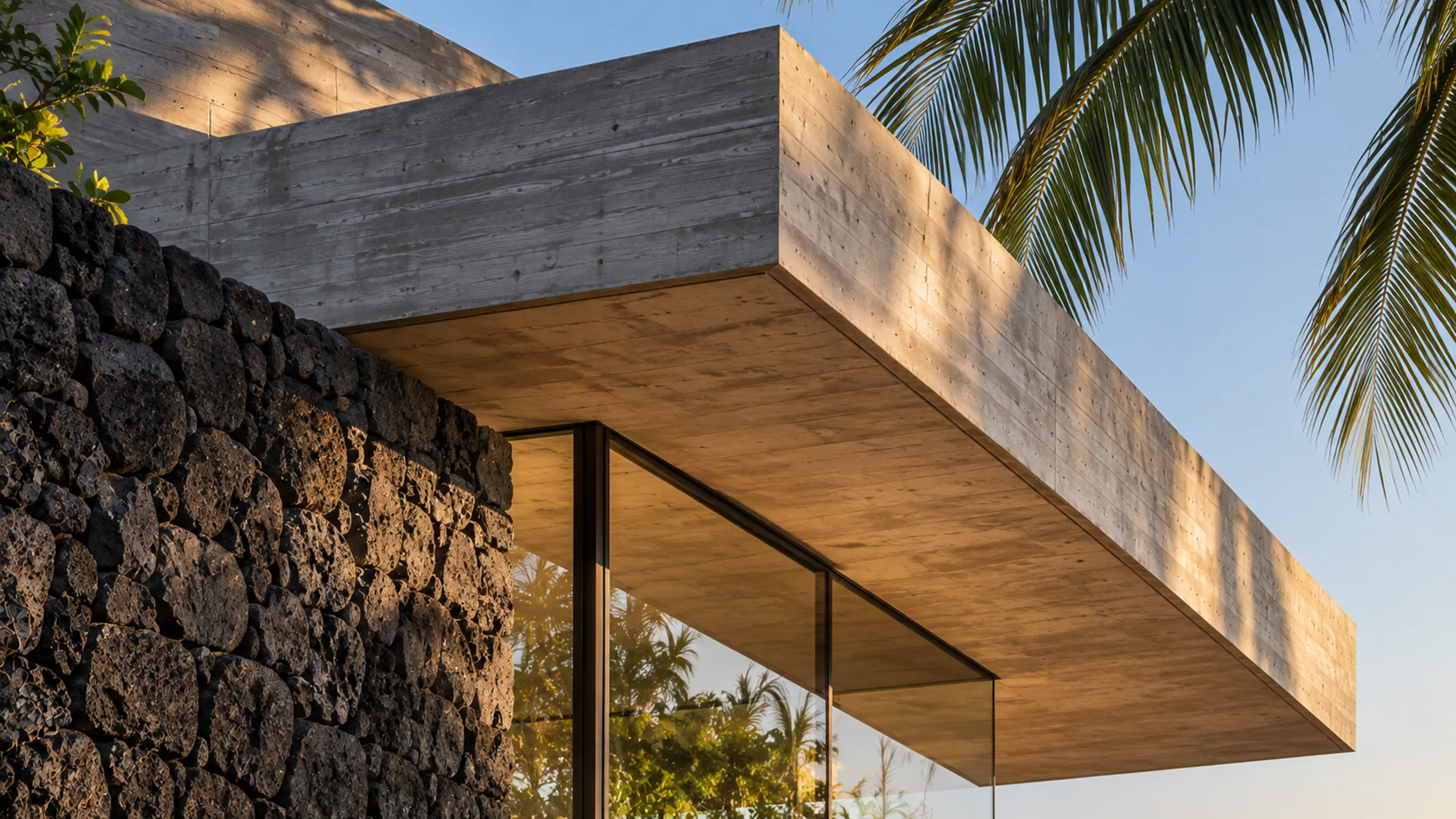 Vantage branded detail artwork: A concrete and basalt house on the Konkan coast at blue hour